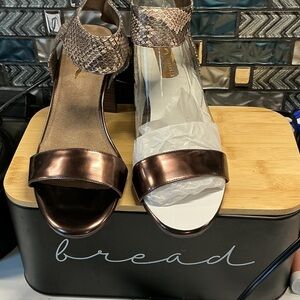 AEROSOLES Bronze Metallic Open-Toe Ankle-Strap Heels